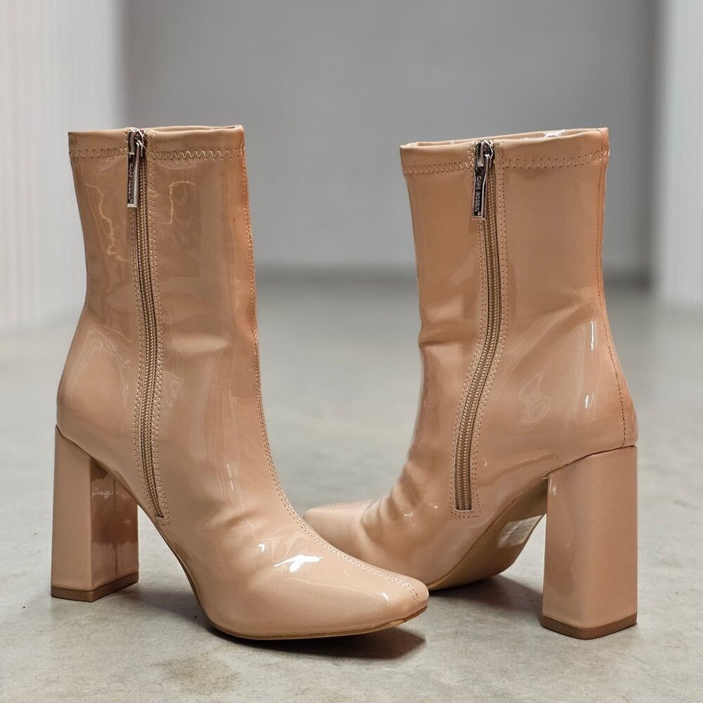 Nude Patent Leather Block Heel Ankle Boots With Side Zipper Closure For Women